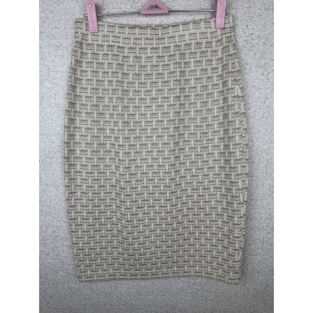 Vintage 90s St. John Marie Gray Cream Gold Basketweave Knit Pencil Skirt Size 4